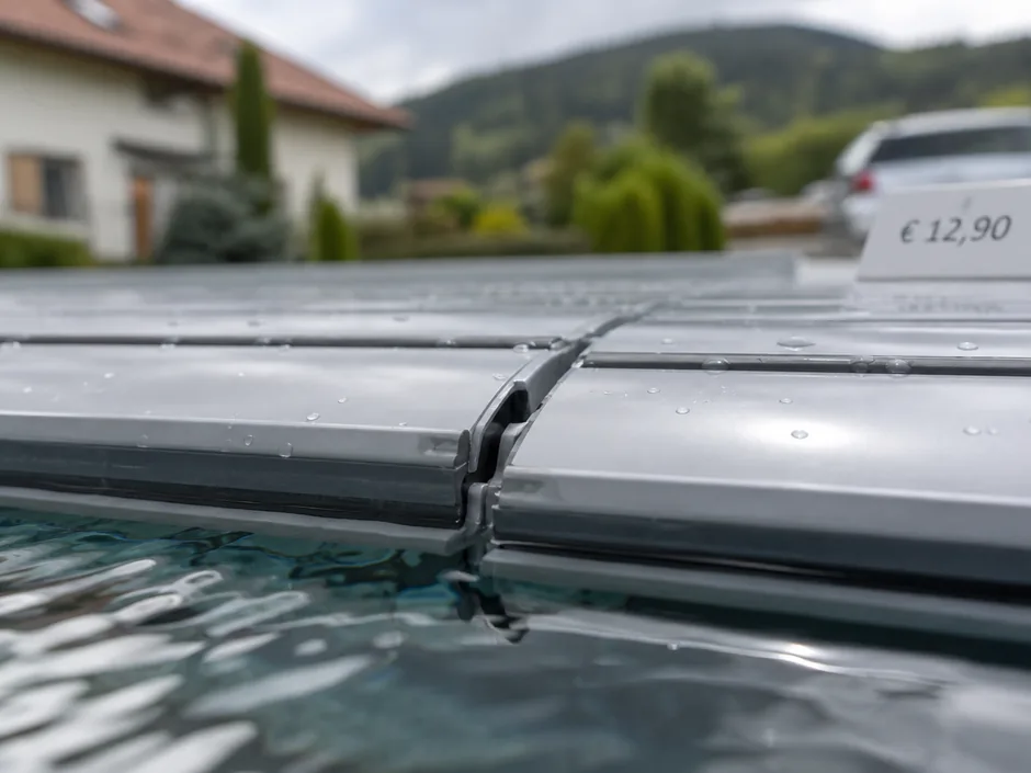 Detail der Lamellen einer Poolabdeckung an der Wasserlinie