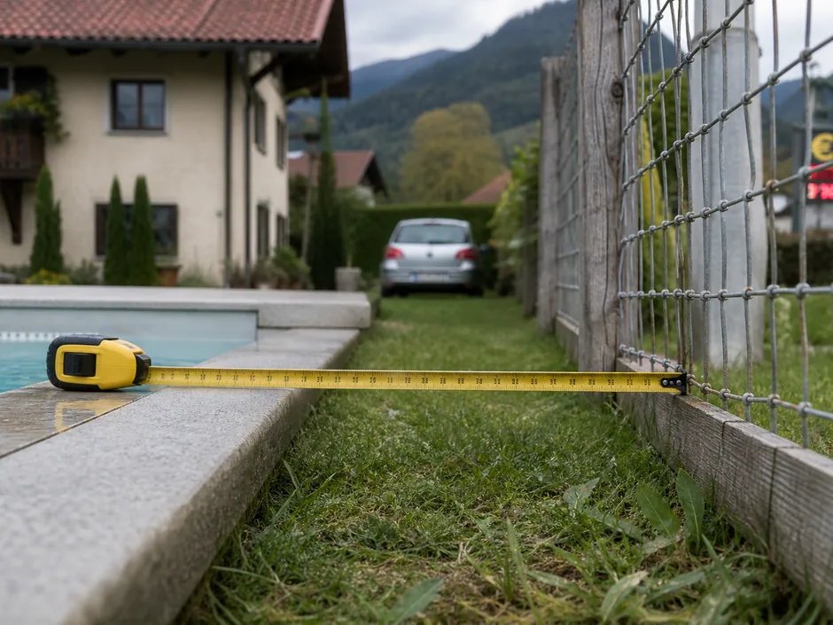 Maßband zwischen Beckenkante und Grundstückszaun gespannt