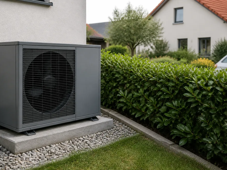 Wärmepumpe an der Grundstücksgrenze neben einer Hecke