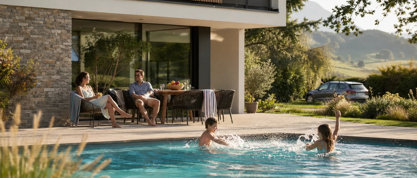 Familie am Pool eines modernen Einfamilienhauses an einem Sommernachmittag
