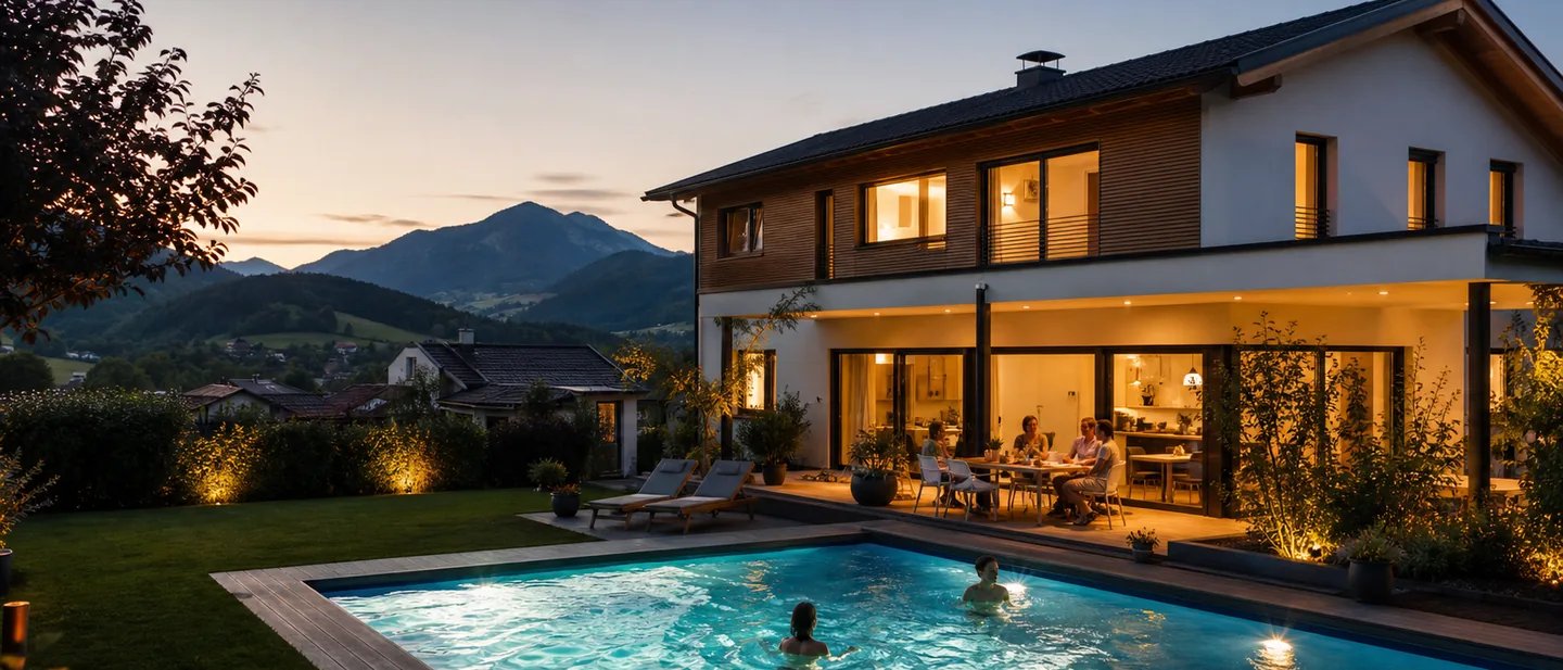 Abendstimmung mit beleuchteter Terrasse und beleuchtetem Becken