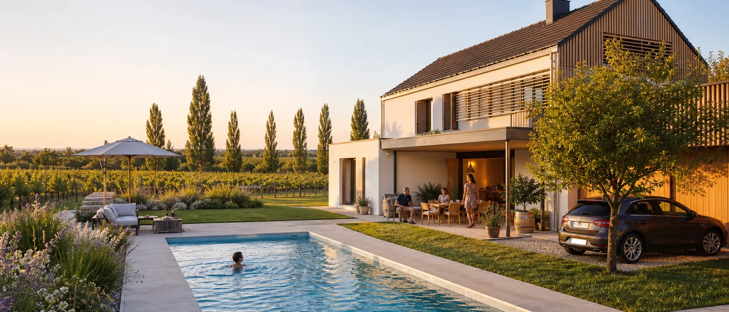 Becken im Garten eines burgenländischen Hauses, Weingärten im Hintergrund