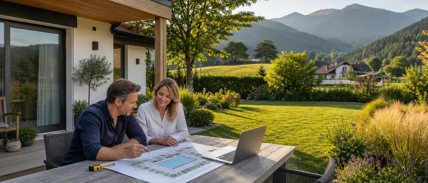 Paar am Gartentisch über einem Lageplan mit eingezeichnetem Becken