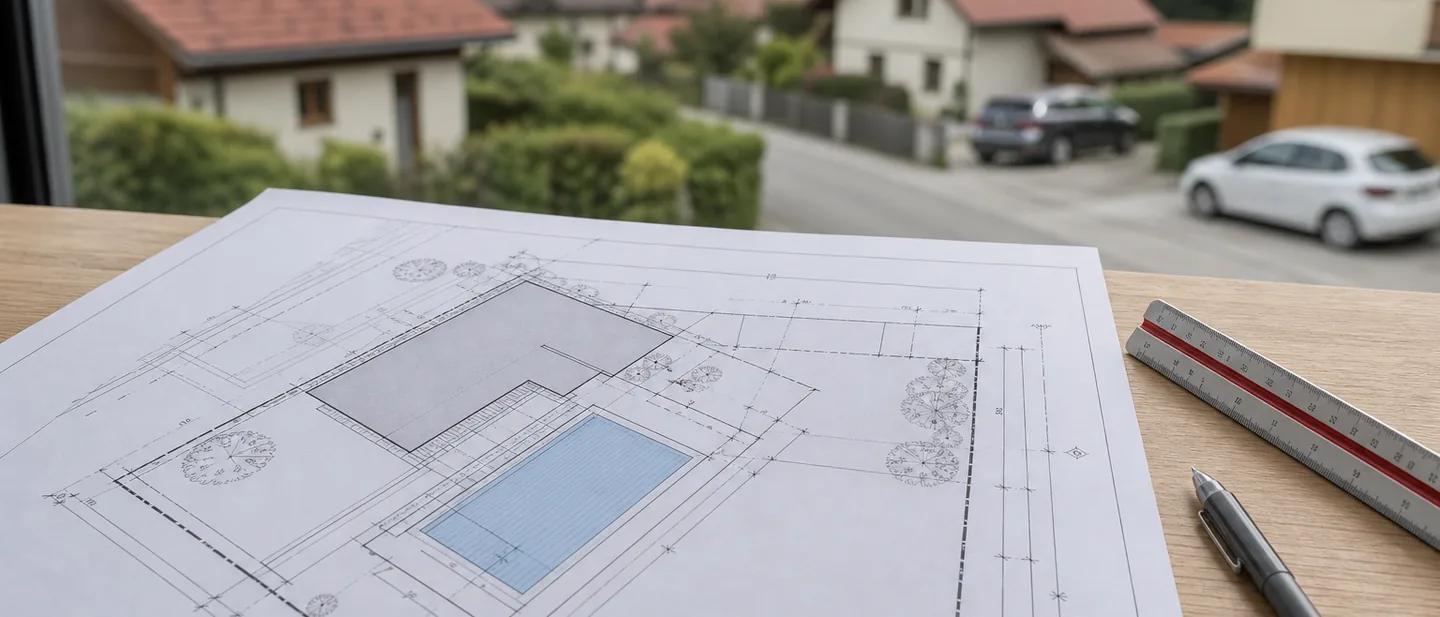 Einreichplan mit Grundstücksgrenzen, Abstandsmaßen und eingezeichnetem Becken