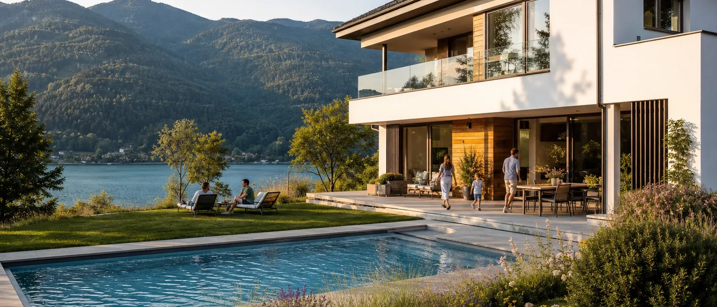 Becken im Garten eines Kärntner Hauses, See und bewaldete Berge im Hintergrund