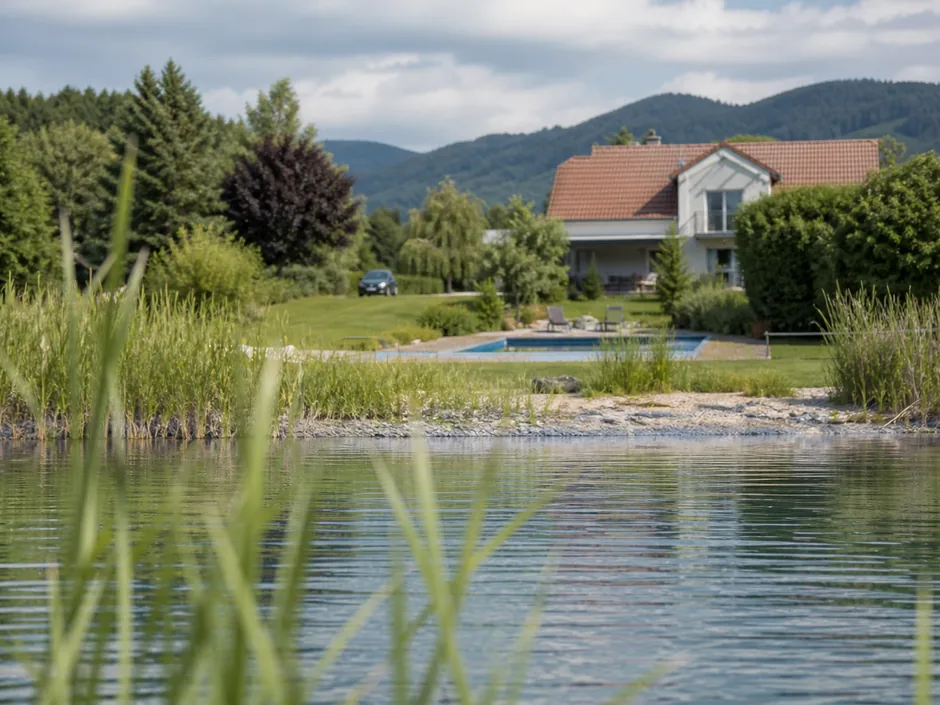 Uferzone mit Schilfgürtel, dahinter ein Grundstück mit Gartenbecken