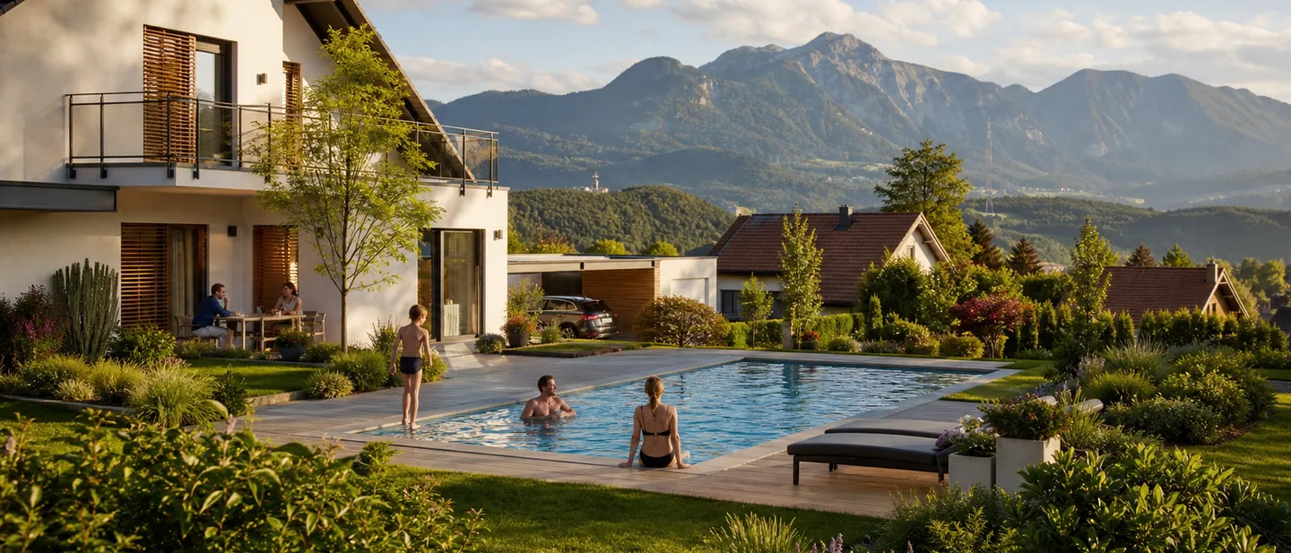 Familie am Becken vor Kärntner Bergpanorama