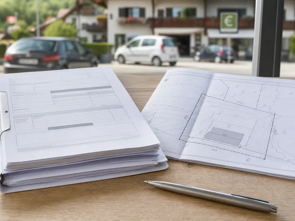 Bauakt und Formulare auf einem Schreibtisch neben einem Lageplan