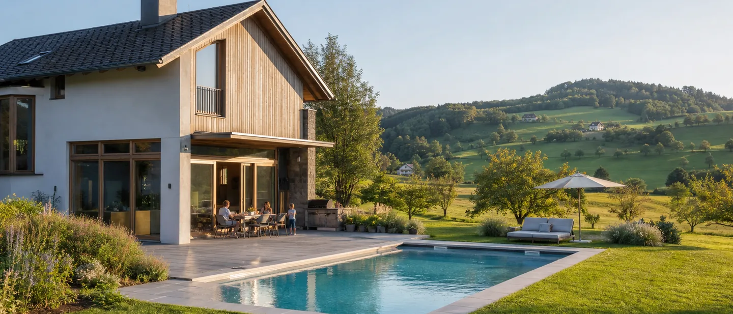 Becken im Garten eines Hauses im oberösterreichischen Hügelland