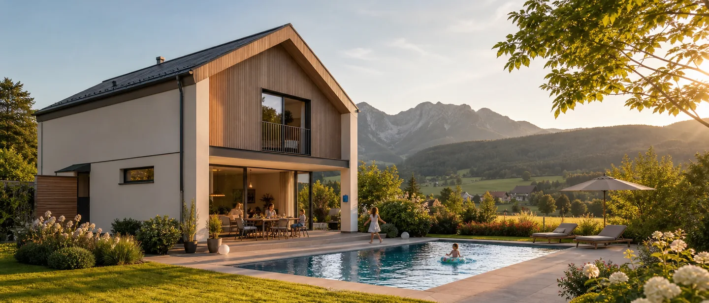 Familie am Becken an einem Sommerabend in ländlicher Umgebung
