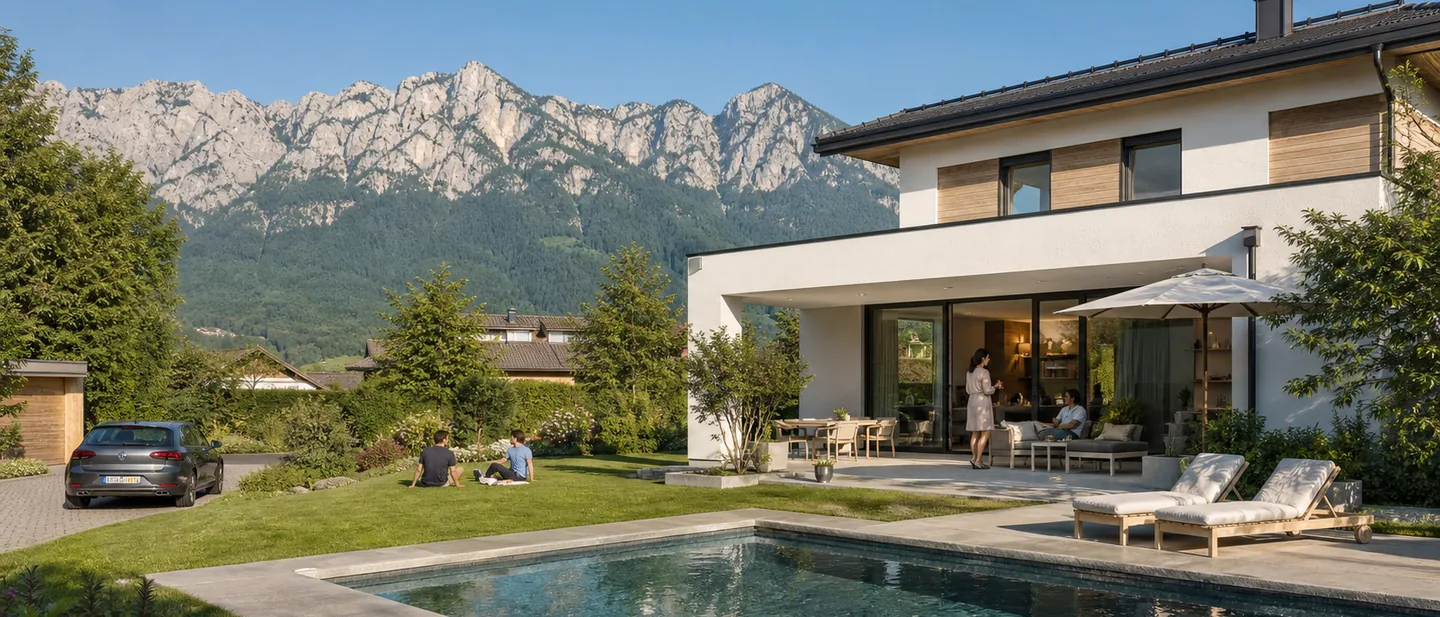 Becken im Garten eines Salzburger Hauses vor schroffen Kalkbergen