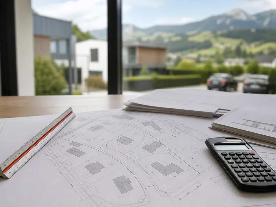 Lageplan und Bauunterlagen auf einem Tisch mit Maßstab
