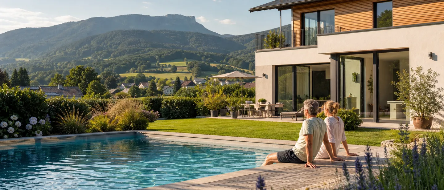 Paar am Beckenrand vor Salzburger Voralpenlandschaft