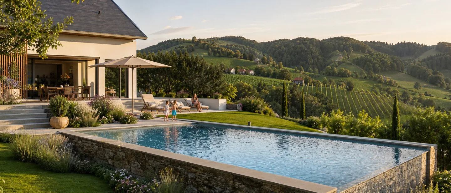 Pool in Hanglage mit Natursteinstützmauer, Weinberge im Hintergrund