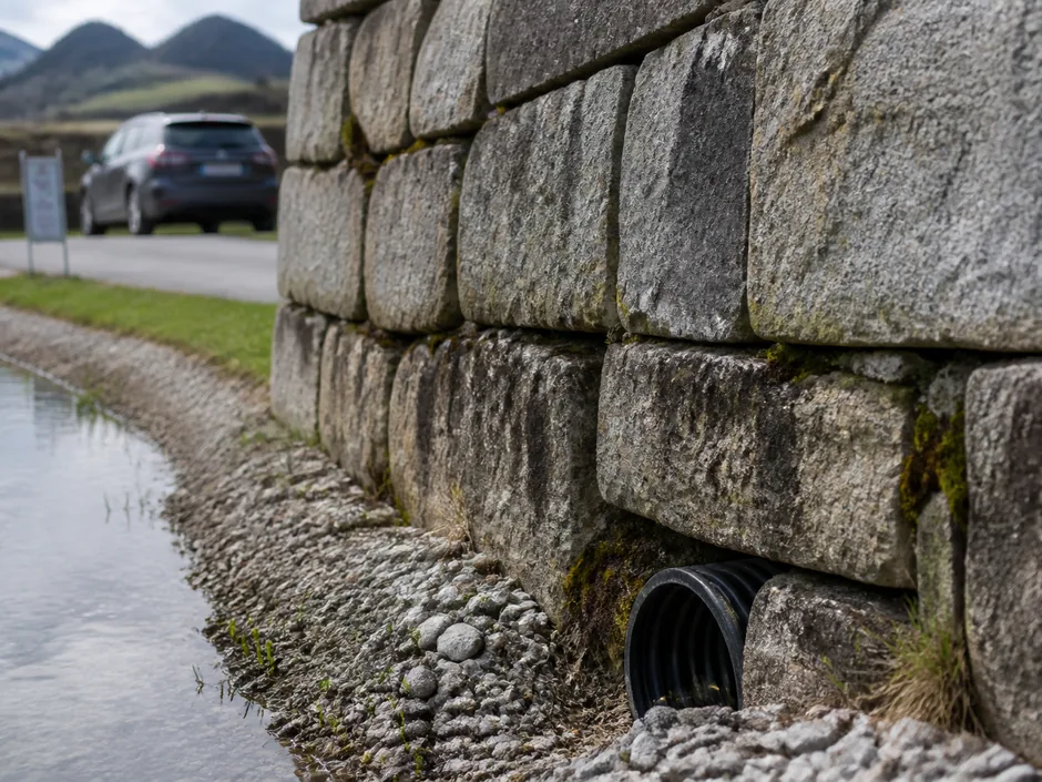 Stützmauer aus Natursteinquadern neben einem Hangbecken mit Drainagerohr