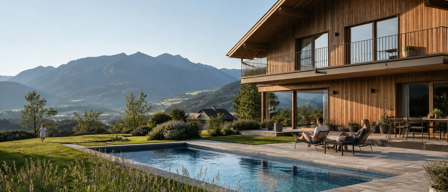 Becken im Garten eines modernen Vorarlberger Holzhauses