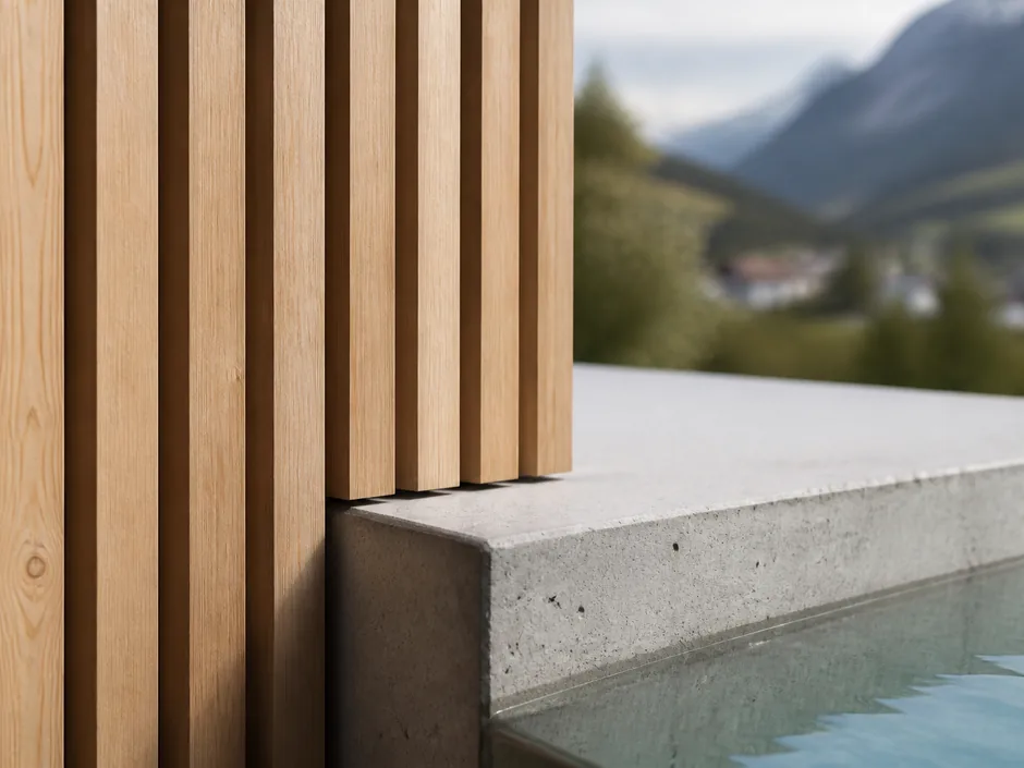Detail einer Holzfassade neben einer Beckenkante aus Sichtbeton