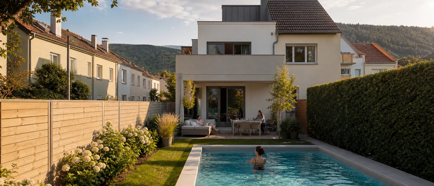 Kleiner Pool im Garten eines Wiener Reihenhauses in dichter Bebauung