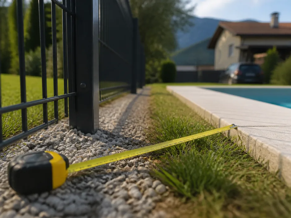 Maßband an der Grundstücksgrenze zeigt den Abstand zum Beckenrand