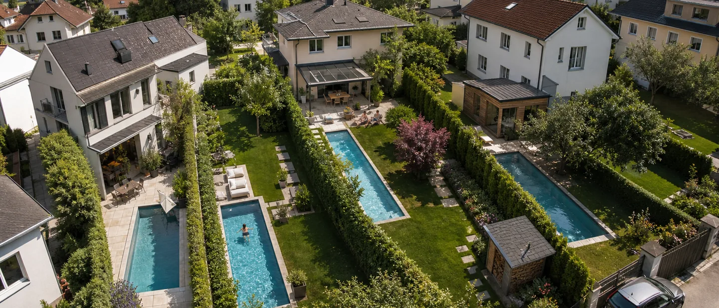 Blick über mehrere schmale Stadtgärten mit Pools