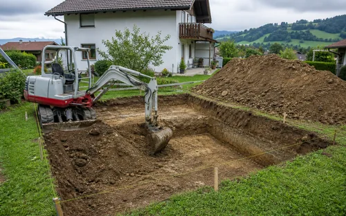 Minibagger hebt im Garten eine rechteckige Poolgrube aus