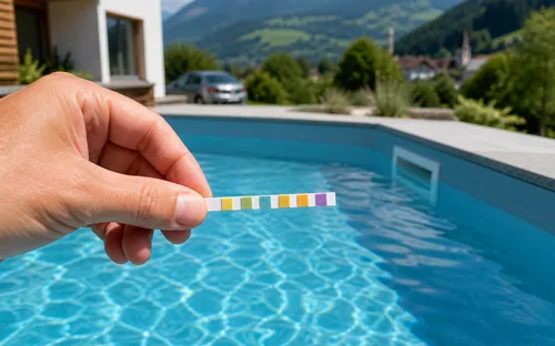 Wasserteststreifen mit Farbfeldern über dem Beckenrand