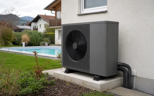 Pool-Wärmepumpe als Außengerät auf einem Betonsockel an der Hauswand