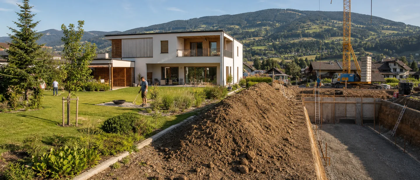 Panorama über die Baustelle: unberührter Garten links, fertige Grube und Kran rechts