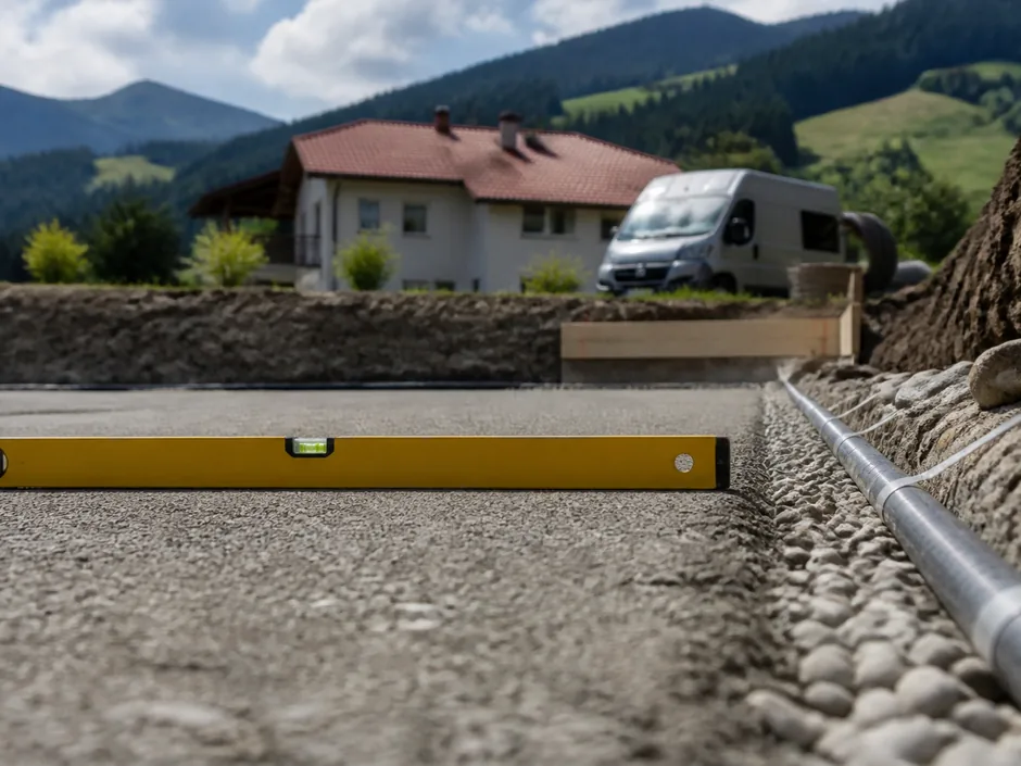 Grubensohle mit abgezogener Splittschicht und Drainageleitung im Kiesbett