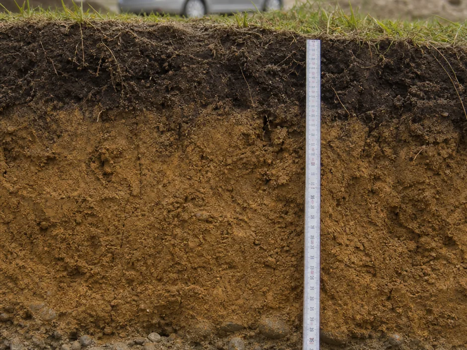 Bodenprofil in der Grubenwand von Humus über Lehm bis zum kiesigen Untergrund