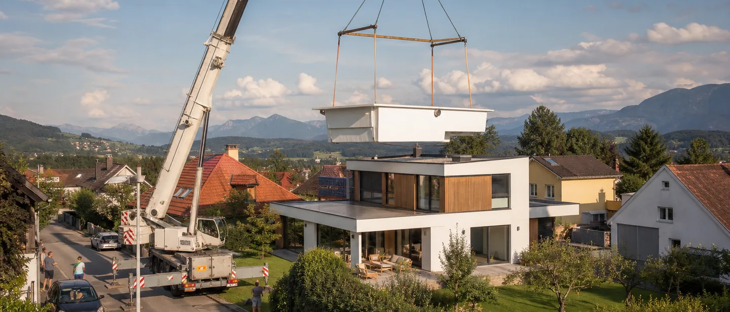 Autokran hebt ein Fertigbecken über ein Wohnhaus in den rückwärtigen Garten