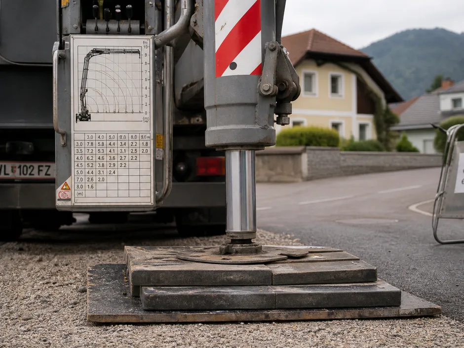 Kranabstützung auf Unterlegplatten am Straßenrand neben dem Bedienstand