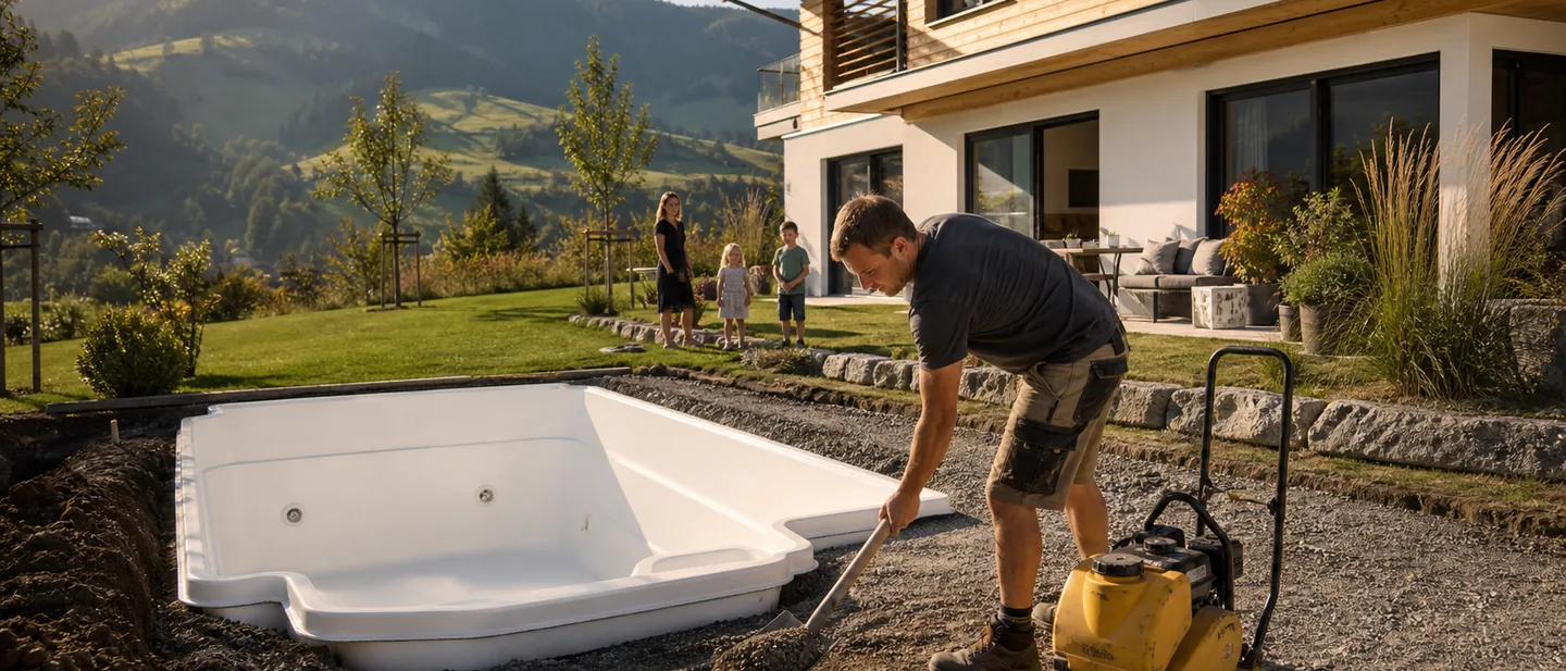 Hausbesitzer verfüllt mit Schaufel und Rüttelplatte rund um das eingesetzte Becken