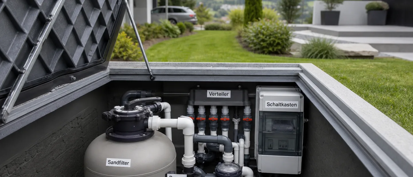 Technikschacht mit Sandfilter, Pumpe, Verteilerbatterie und beschriftetem Schaltkasten