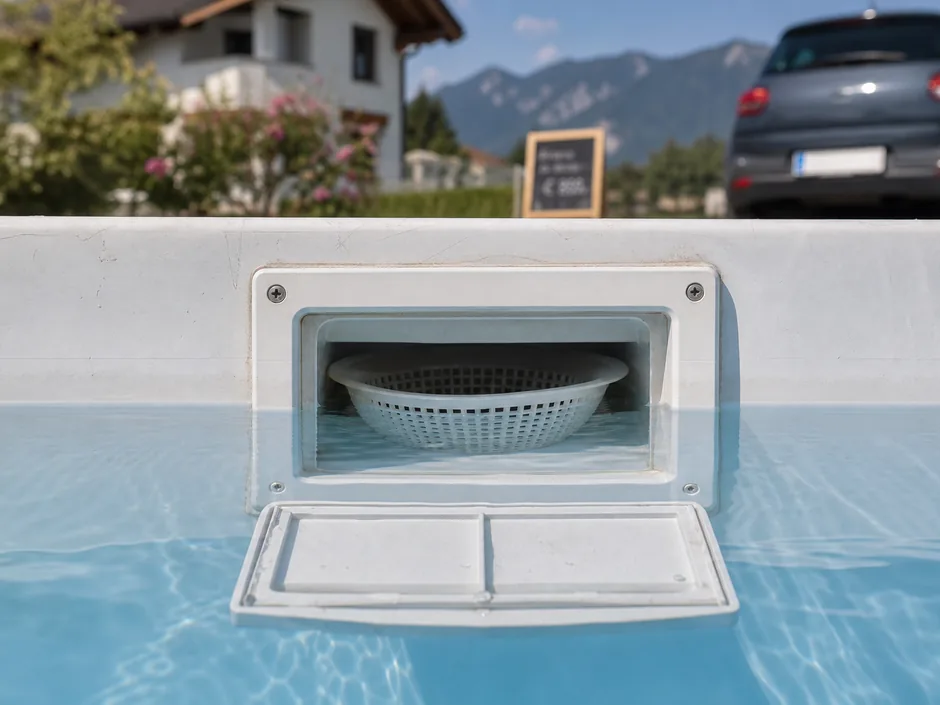 Skimmer in der Beckenwand mit geöffneter Klappe und sichtbarem Siebkorb