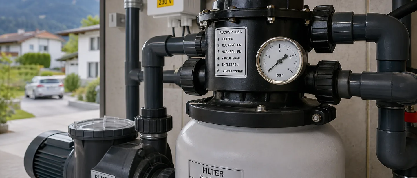 Sandfilteranlage mit Mehrwegeventil, Umwälzpumpe und sichtbarem Manometer