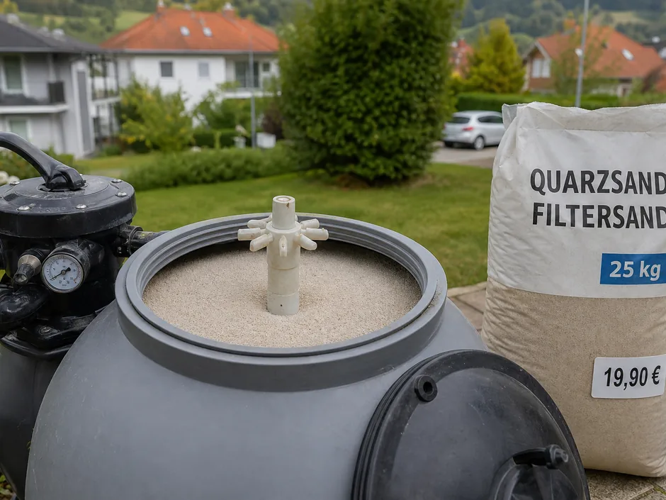 Geöffneter Sandfilterbehälter mit Blick auf das Filterbett aus Quarzsand