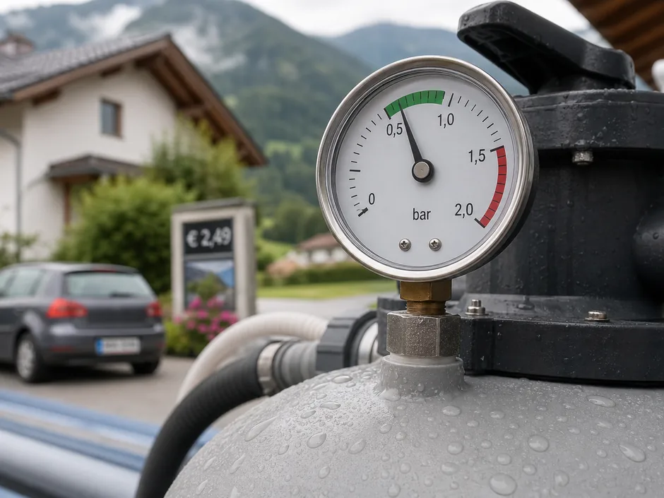 Manometer am Filterkessel, der Zeiger steht im grünen Bereich