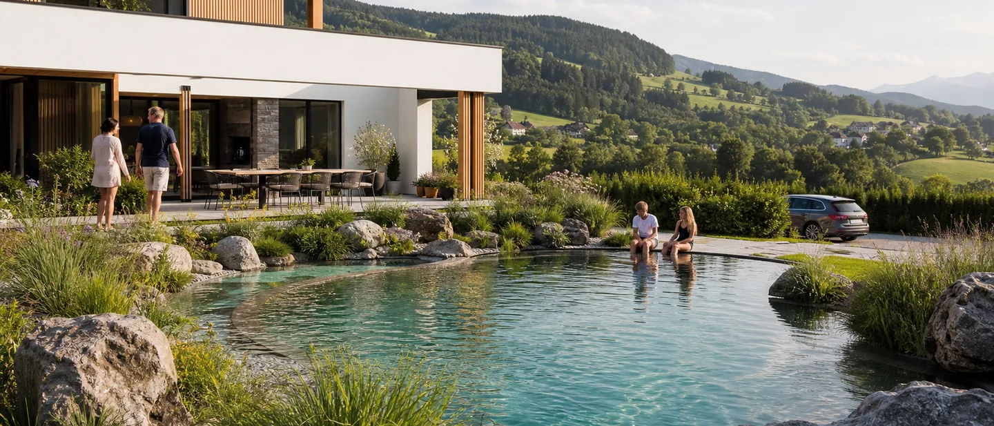 Freiform-Becken mit geschwungener Kante in einem naturnahen Garten