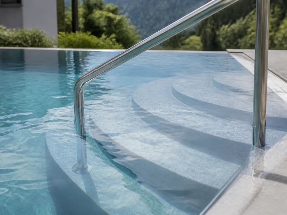 Halbrunde Stufen einer römischen Treppe unter Wasser mit Edelstahlhandlauf