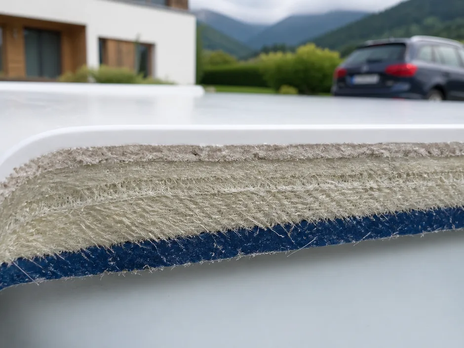 Schnittkante eines GFK-Beckenrandes mit sichtbaren Laminatschichten