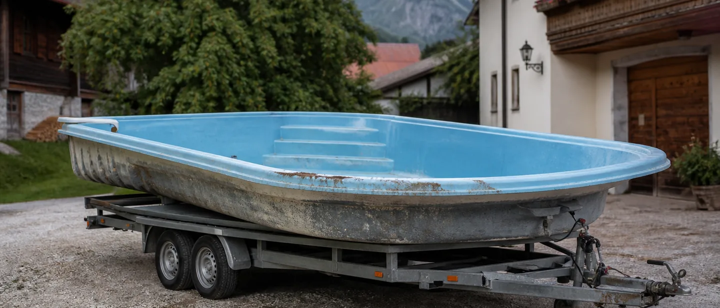 Gebrauchtes GFK-Becken ausgebaut auf einem Anhänger, Erdreste am Rand