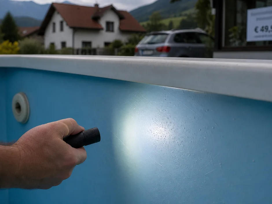 Prüfung eines gebrauchten Beckens mit Taschenlampe an der Innenwand