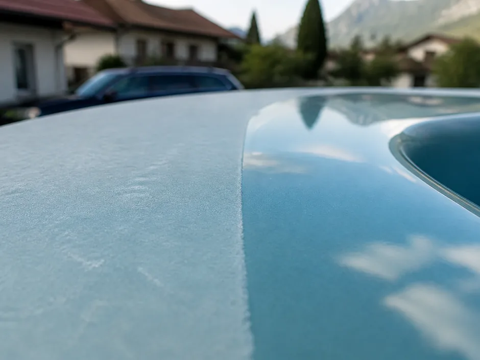 Gekreidete Gelcoat-Fläche neben einem frisch polierten Streifen im Vergleich