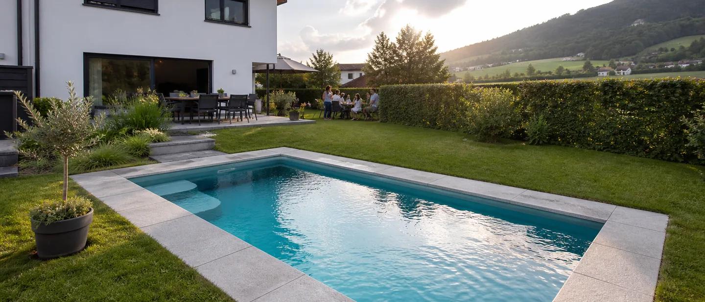 Becken von sechs mal drei Metern in einem Reihenhausgarten mit Terrasse und Hecke