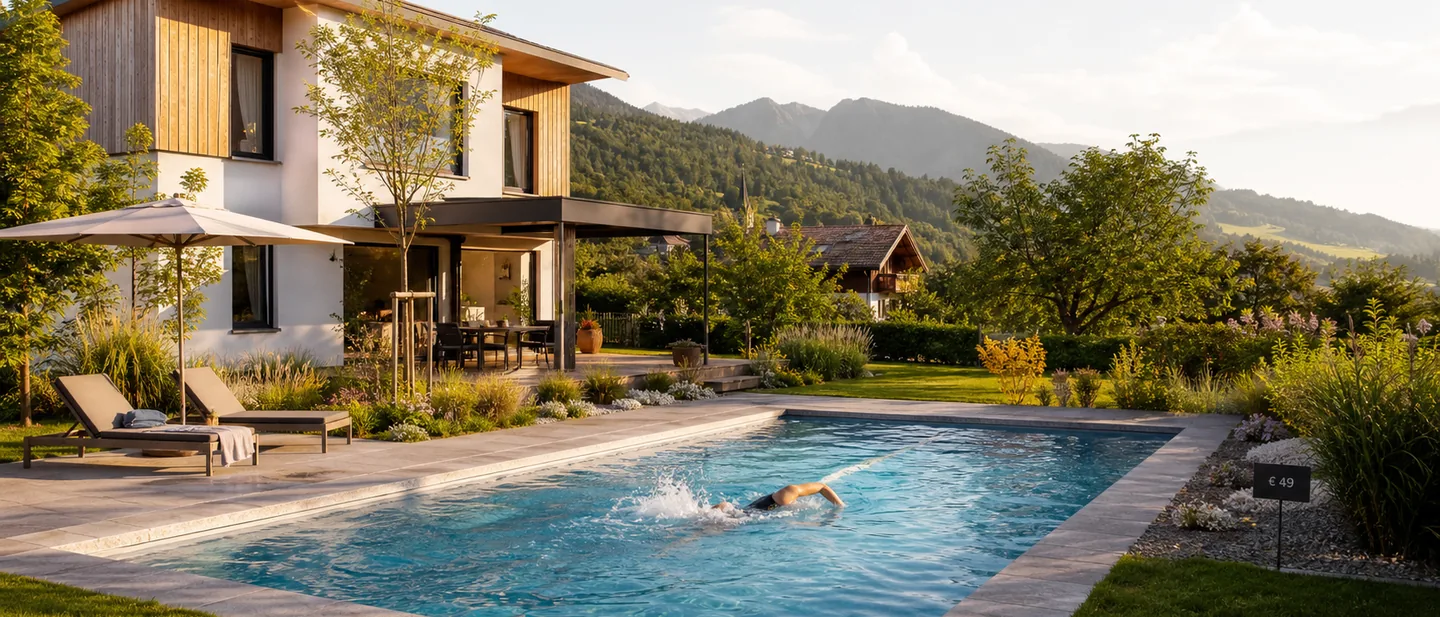 Größeres Becken von acht mal vier Metern, jemand schwimmt Bahnen