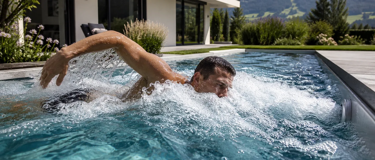 Mann schwimmt gegen die Strömung der Gegenstromanlage
