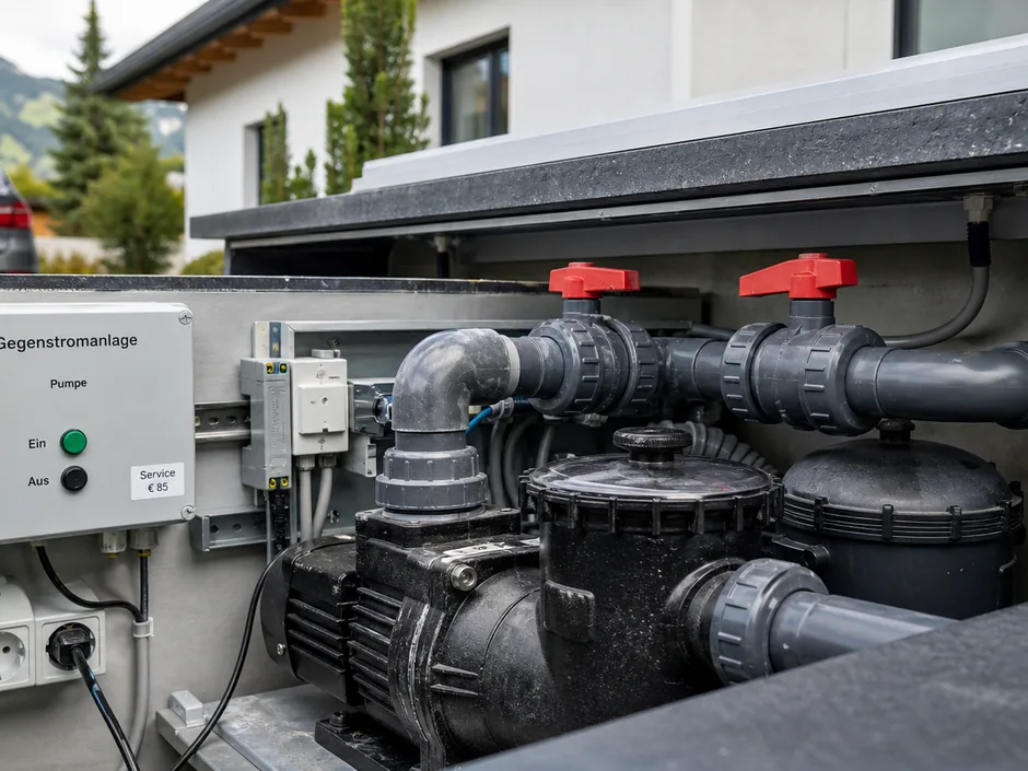 Technikseite der Gegenstromanlage im Schacht mit Pumpengehäuse und Steuerung