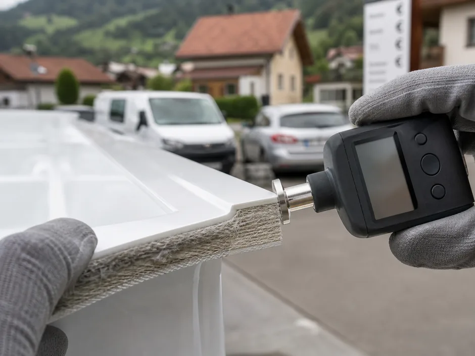 Mitarbeiter misst mit einem Schichtdickenmessgerät die Wandstärke eines Beckens