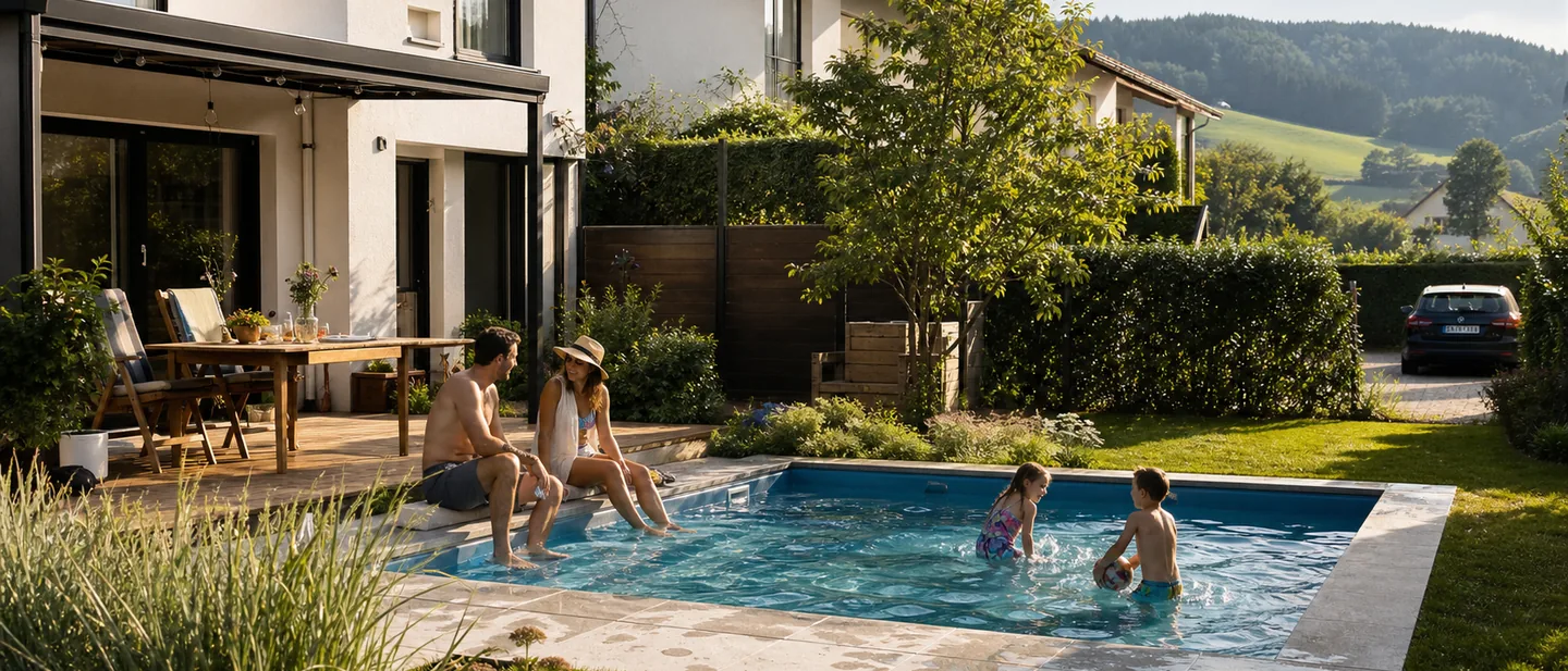 Kompaktes Becken in einem kleinen Reihenhausgarten, Familie im Wasser